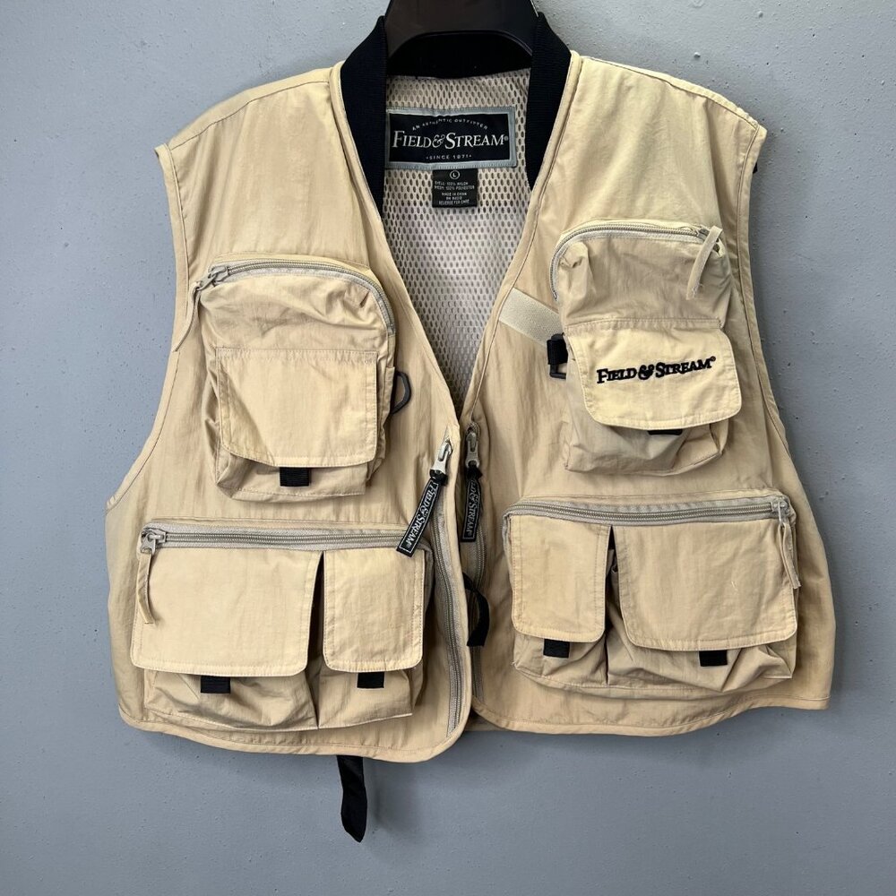 Field & Stream Fishing Vest L Men Khaki Tan Nylon Multiple Pockets